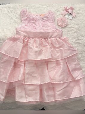 Mud Pie Little Girls' Chiffon Pink Rosette Layered Dress w/hair bow Sz 5T